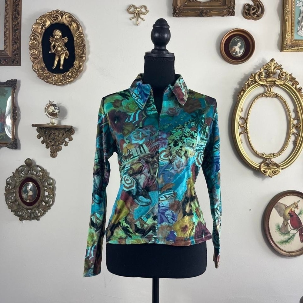 Vintage Cheryl Creations Y2K Velvet Zip Top Teal euro Print Long Sleeve m